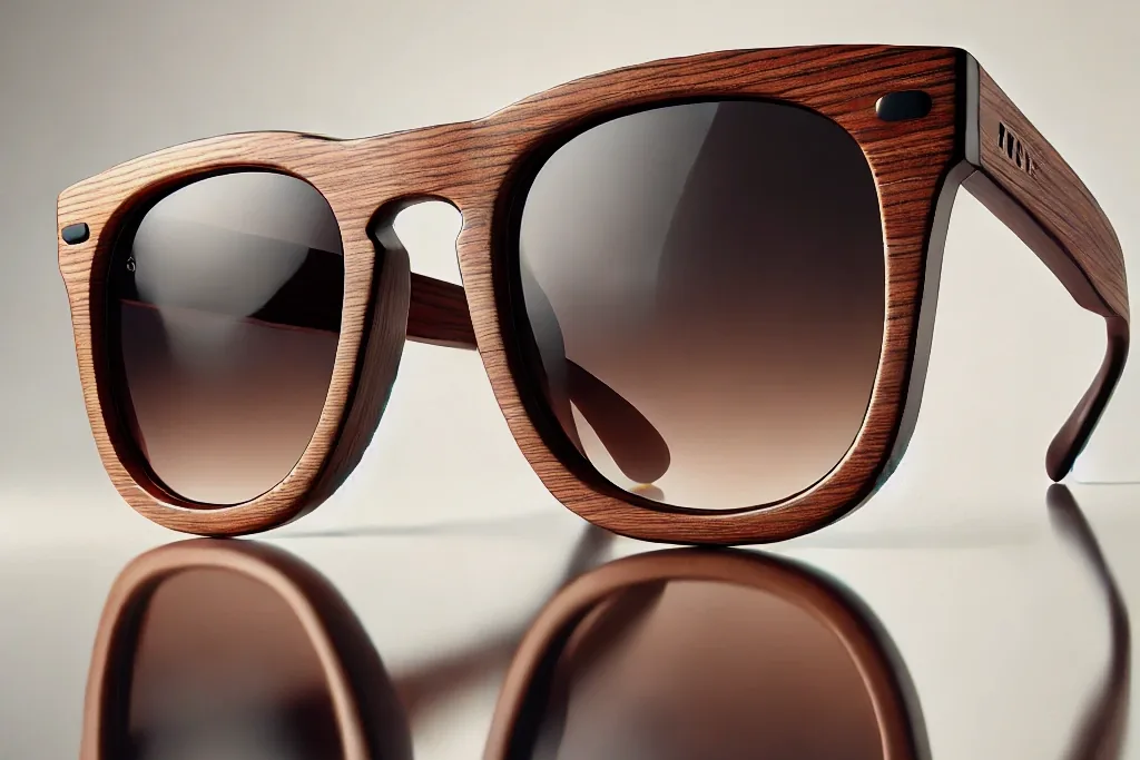 The Legacy: wayfarer frames in warm mid-brown wood, mirrored on a polished surface